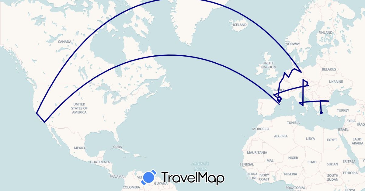 TravelMap itinerary: driving in Austria, Belgium, Bulgaria, Czech Republic, Germany, Spain, France, Greece, Italy, Netherlands, Slovakia, United States (Europe, North America)